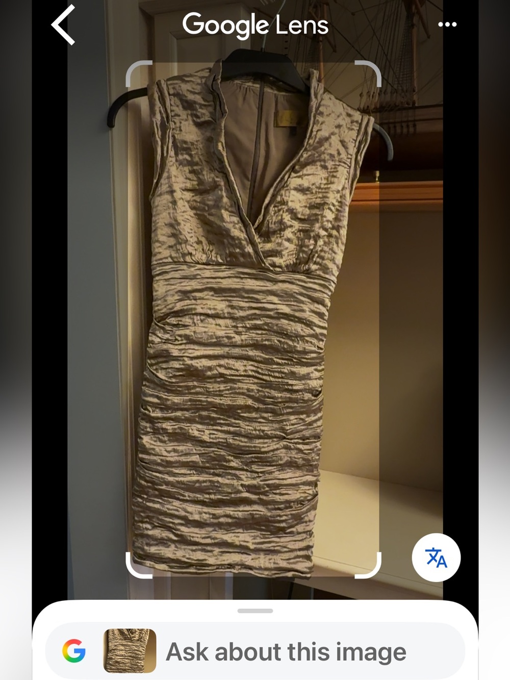 Nicole Miller  Ruched V-Neck Midi Dress-Gold lame crinkle fitted dress. V-neck.